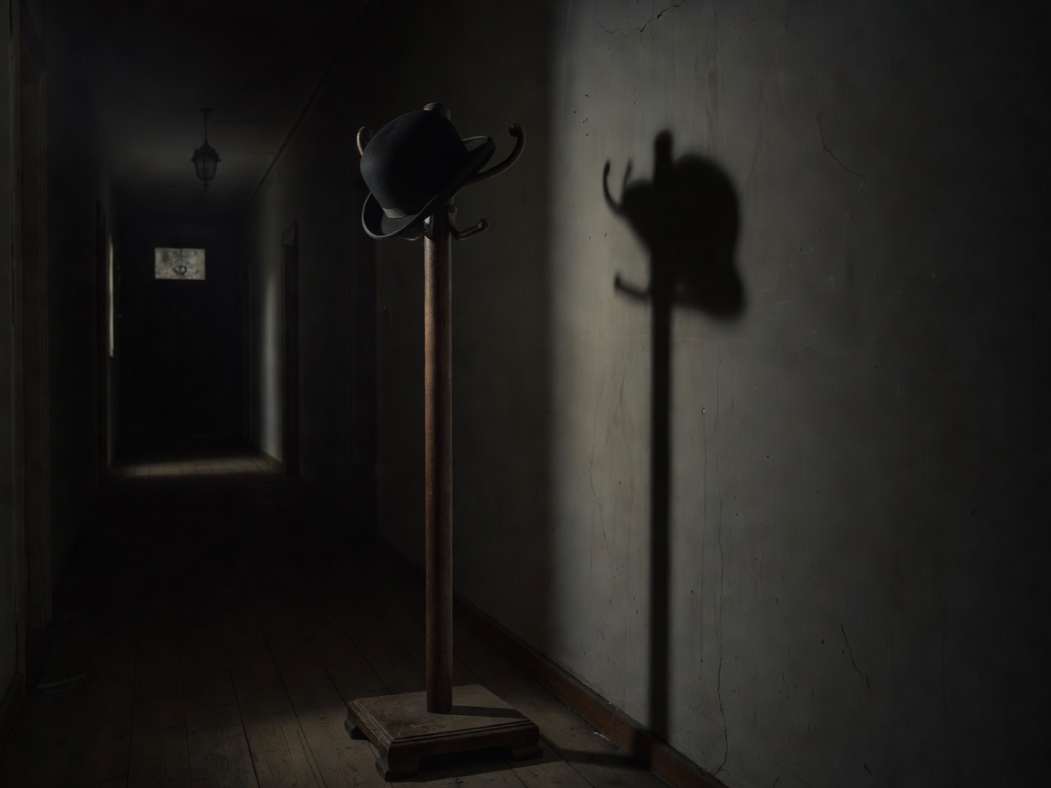 A bowler hat on an empty coat stand in a dim corridor