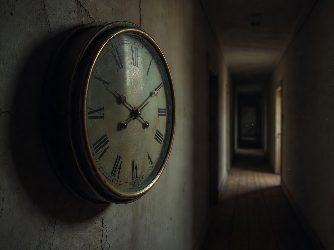 An old wall clock in a dim hallway, its face half in shadow
