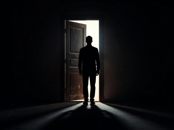 A half-open doorway with a backlit silhouette on a dark floor