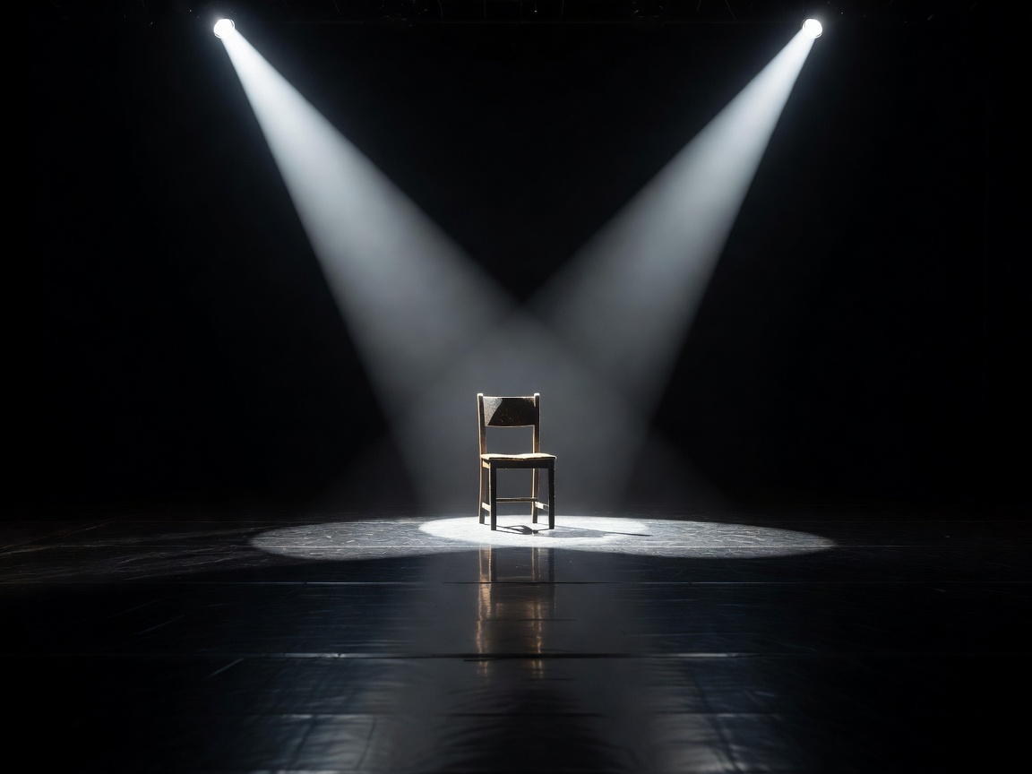 An empty chair caught between two crossing spotlights on a dark stage floor