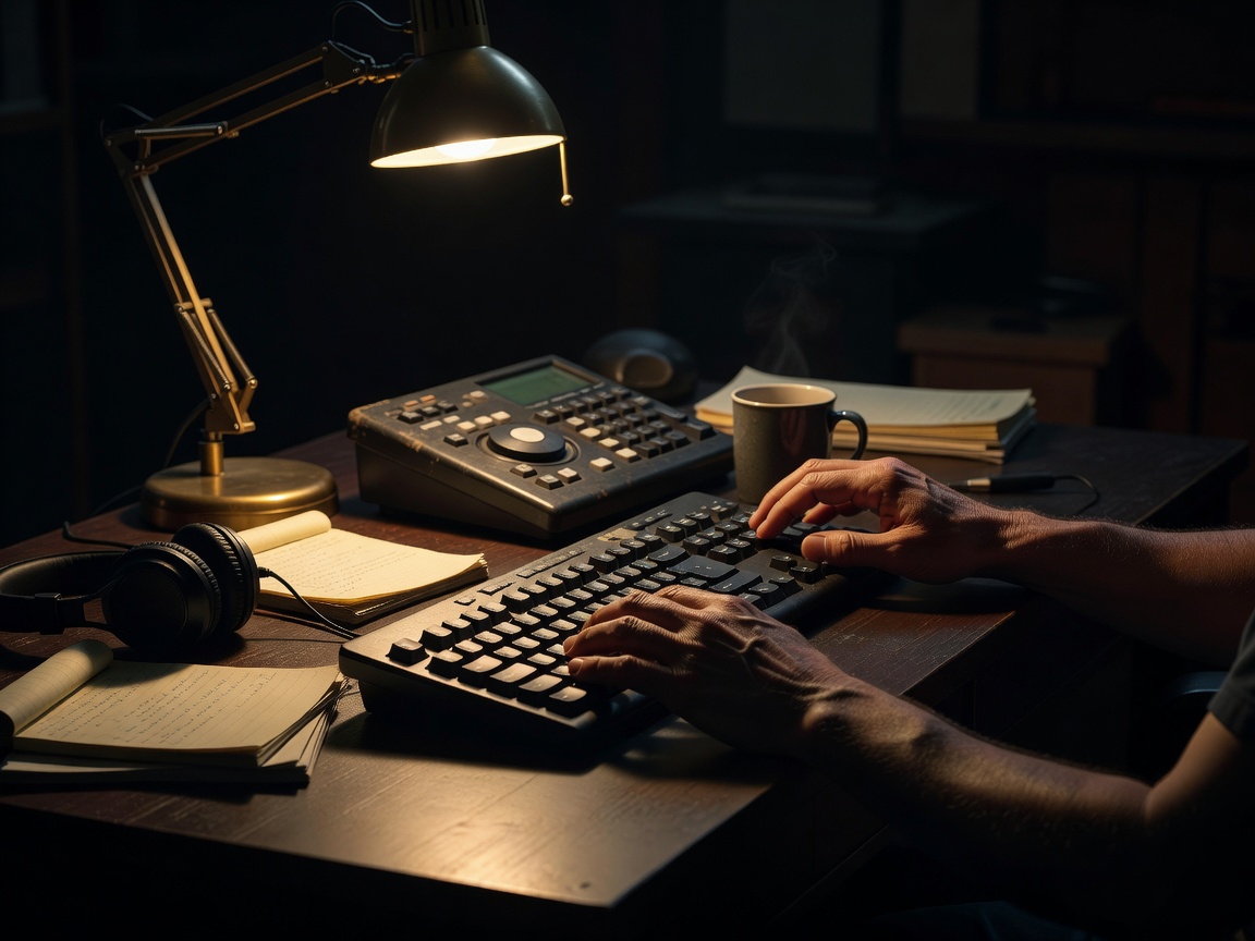 Hands at a dark editing desk under a warm lamp