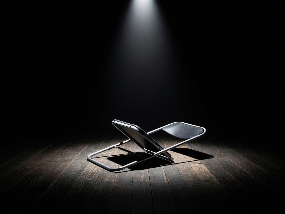 A folding chair collapsed flat on a dark wooden stage, lit by one harsh overhead lamp