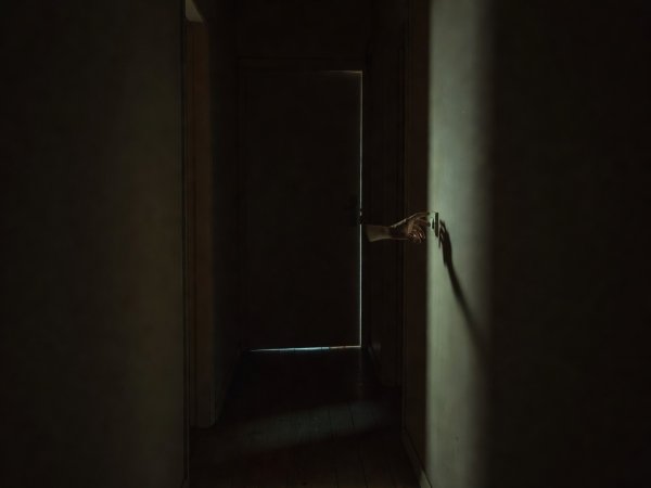 A hand reaching toward a light switch in a darkened hallway, caught in a narrow beam of light