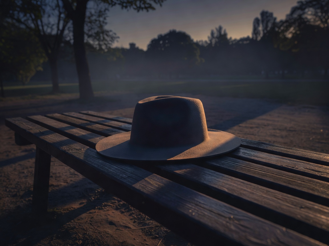 A felt hat left alone on a park bench at dusk, long shadows cutting across the slats