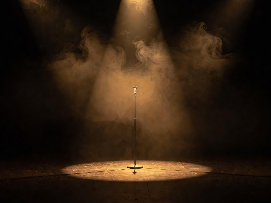 An empty microphone stand on a smoky stage under a single amber spotlight