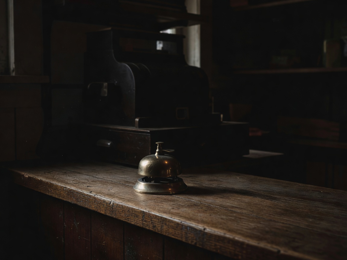 A brass service bell on an old shop counter in low light, deep shadows behind the till