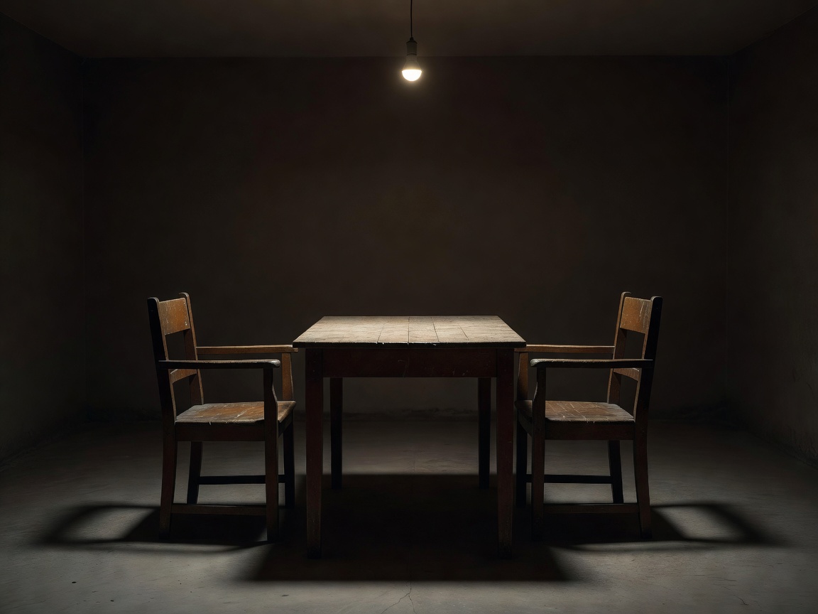 Two wooden chairs facing each other across a bare table in a shadowy interview room