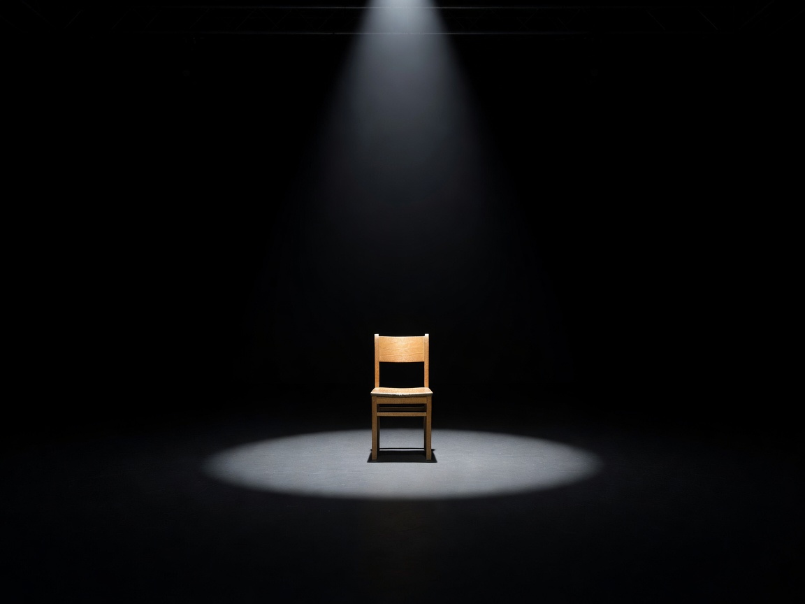 A plain wooden chair under a hard spotlight on a black stage